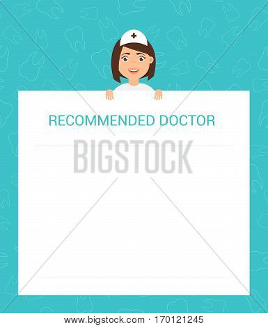 The doctor holds in his hands a piece of advice for the patient. Vector in flat style. Ready-made template. The recommendation of the dentist.