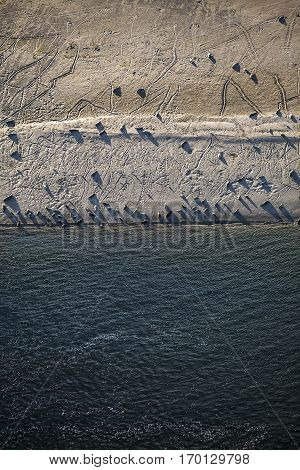 Aerial view of Robbeneiland beach with its colony of sea lions Ameland Frisian island The NetherlandsAerial view of Robbeneiland beach with its colony of sea lions Ameland Frisian island The Netherlands