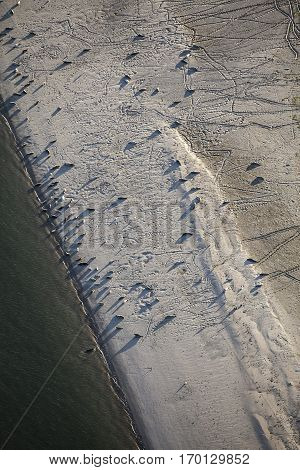 Aerial view of Robbeneiland beach with its colony of sea lions Ameland Frisian island The NetherlandsAerial view of Robbeneiland beach with its colony of sea lions Ameland Frisian island The Netherlands