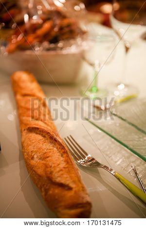 Fresh French baguette bread on the table
