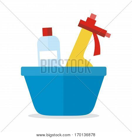 Basin with washing cleaners. Glass cleaner and substance for washing isolated on white. Sign icon symbols of clean in house. House washing equipment. Office and hotel cleaning. Housekeeping. Vector