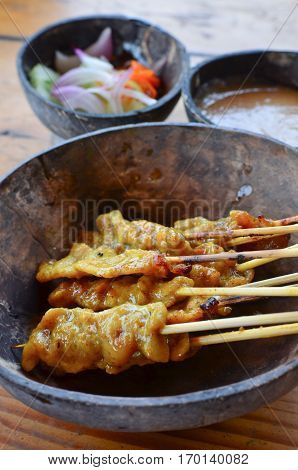 Pork Satay. grilled pork served with peanut sauce or sweet and sour sauce