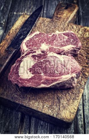 Dry Aged Entrecote Steak on old Cutting Board