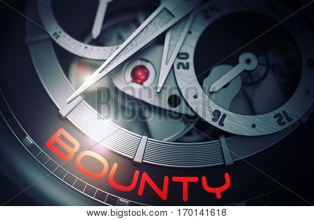 Men Wrist Watch Machinery Macro Detail and Inscription - Bounty. Gears and Mainspring in the Mechanism of a Watch with Bounty on Face of It. Time Concept with Lens Flare. 3D Rendering.