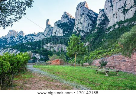 Spain. Catalonia. Road in Santa Maria de Montserrat Abbey. Picnic area and a viewing area on the mountain of Montserrat.