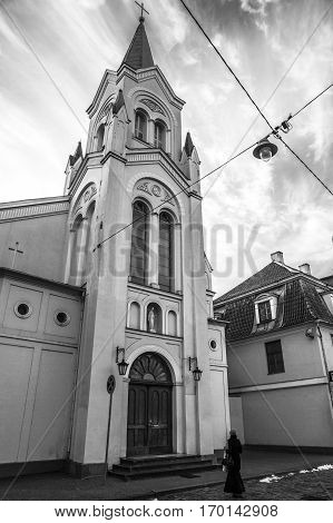 Black and white dramatic view Sapju Dievmates Katolu Baznica or Our Lady of Sorrows Catholic Church Riga