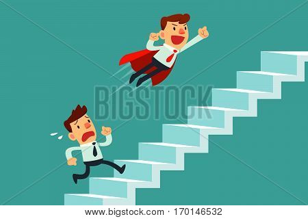 Super businessman in red cape flying pass another businessman climbing stairs. Business competition concept.
