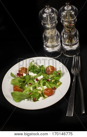 Tasty green salade with tomato and goat cheese
