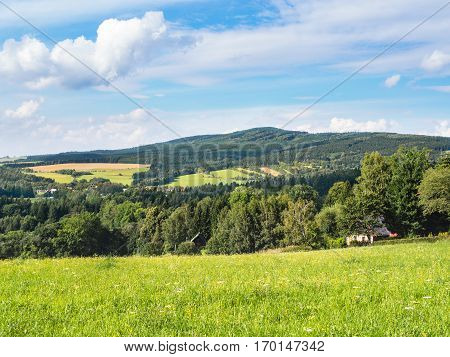 Middle European countryside, Czech republic, Jeseniky in summer, meadow under the Mala Destna mountain