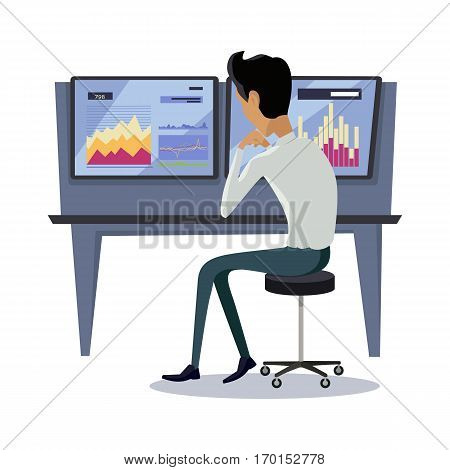 Modern online trading on stock exchange concept. Flat style design Monitoring of value indexes. Online trading technology. Brokerage trading on the web vector. Flat style design. Businessman at work.