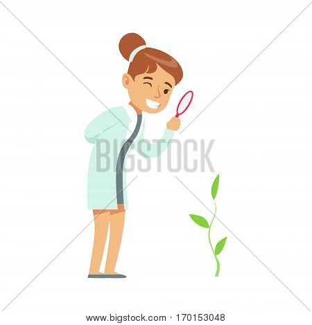 Girl Botanist Studying Plant, Kid Doing Botany Science Research Dreaming Of Becoming Professional Scientist In The Future. Part Of Series With Children Working In Different Scientific Fields Vector Illustrations.