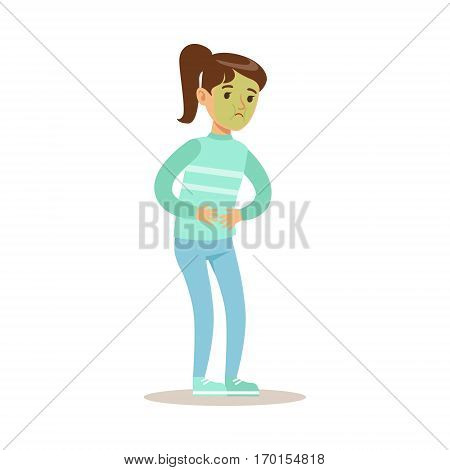 Sick Kid With Nausea Feeling Unwell Suffering From Sickness Needing Healthcare Medical Help Cartoon Character. Ill Child With Health Damage Showing The Symptoms Vector Illustrations.