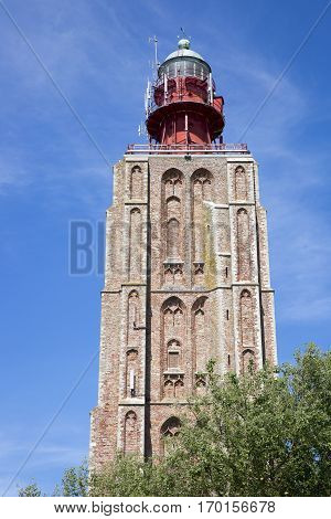 beacon on a top of a church spire tower, Weskapelle The Netherlands