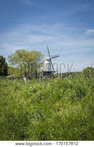 Typical Dutch landscape with a canal and a windmill, Molen de Koe, Veere, The Netherlands