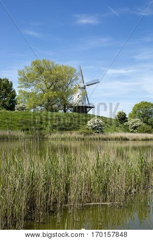 Typical Dutch landscape with a canal and a windmill, Molen de Koe, Veere, The Netherlands