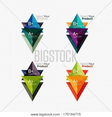 Set of triangle option infographic layouts. Select your product concept, make a choice idea