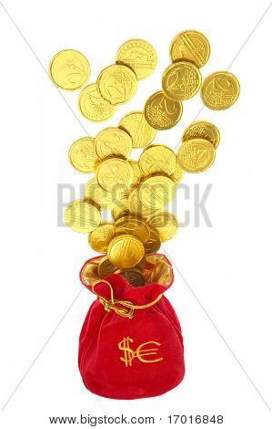 ถุงเงินเหรียญบนพื้นหลังสีขาว