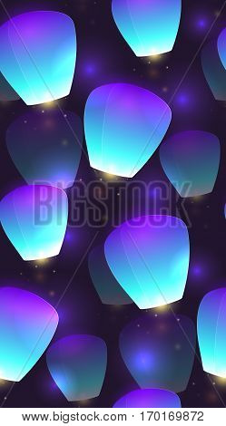 Seamless festive texture sky lanterns and sparks. Vector pattern for your creativity