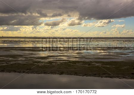 shoreline of Ameland Island with view over the wadden sea with clouds and tourmented sky reflecting in water at dawn