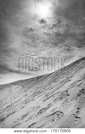 Black and white view from Dune of Pilat or Pyla - the largest sand dune in Europe, Aquitaine, France