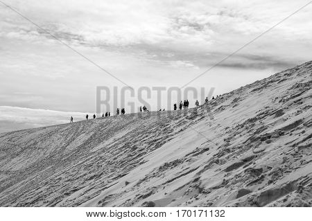 Black and white view from Dune of Pilat or Pyla - the largest sand dune in Europe Aquitaine France