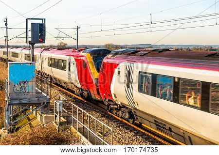 Day View Of Uk Railroad In England. Railway Landscape