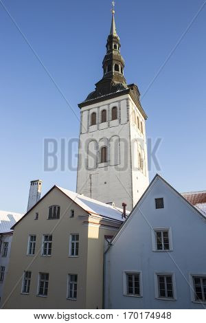 St. Nicholas' Church Spire with roofs with snow,Tallinn Estonia