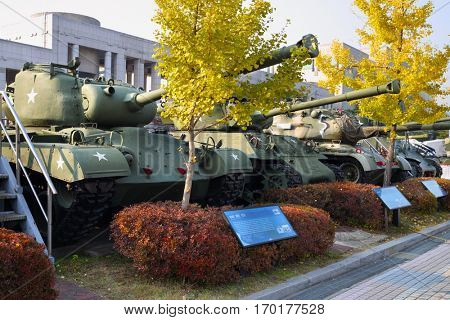 SEOUL - NOV 4, 2015: Row of tanks in military museum. Tanks drove through downtown Seoul at time largest military parade in South Korea