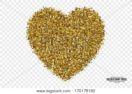 Golden Shiny Tinsel Square Particles Abstract Vector Heart on Transparent Background. Valentine's Day Illustration. Celebration, holidays and party design element