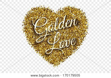 Golden Love Valentine's Day Vector Illustration. Golden Shiny Tinsel Square Particles Abstract Heart with 3d Text on Transparent Background. Celebration, holidays and party design element