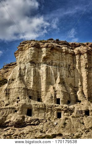 Typical houses in caves in Arguedas, tourist destination in Spain