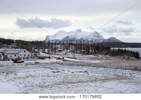 Norwegian landscape with snowy mountains in the winter Nordland Norway