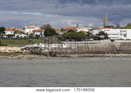 View of the coastline with seaside resort of Royan with grey tourmented sky France
