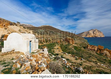 Countryside church and view of Kalamos on Anafi island.