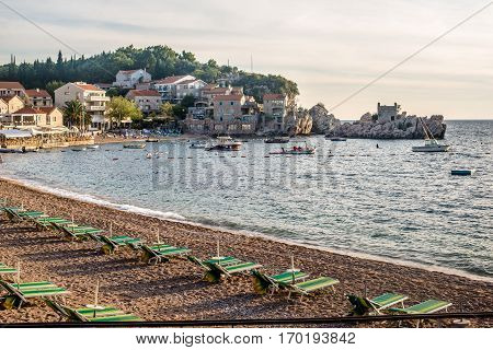 Pržno, MONTENEGRO - SEPTEMBER 22, 2016:The beach in the bay Pržno September evening, Montenegro.