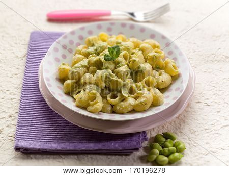 pasta with beans broad, selective focus