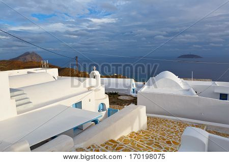 Street in Chora village on Anafi island, Greece.