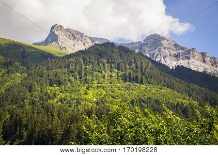 Bucolic green summer alpine landscape Swiss Alps mountain massif canton du Valais Switzerland