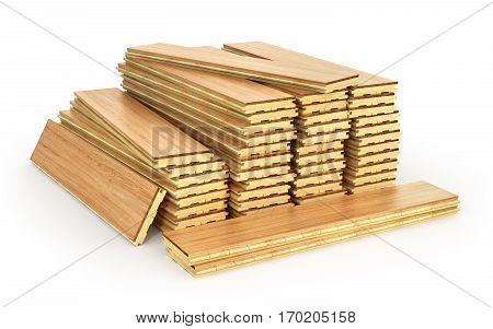 Stack of parquet. Timberwork lumber work and woodwork industry concept: stacks of wooden timber planks isolated on white background. 3d illustration