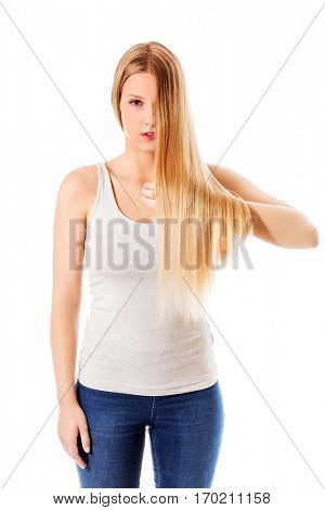 Blond hair. Beautiful woman with straight long hair.