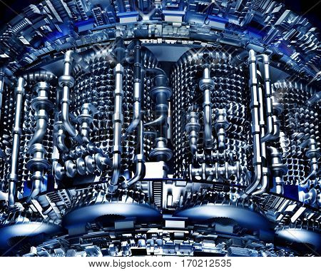 Abstract high-tech background metal pipes technology cooling. Concept energy futuristic. Steel structures in industrial zones used water, gas, oil. Conceptual power plant nuclear reactor. 3D rendering