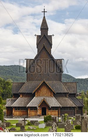 Norwegian stave church. Heddal. Historic building. Norway tourism highlight. Vertical