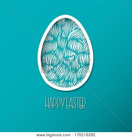 Greeting Easter Card With Egg With Wave Pattern. Cute Doodle Style Easter Egg Like Paper With Shadow
