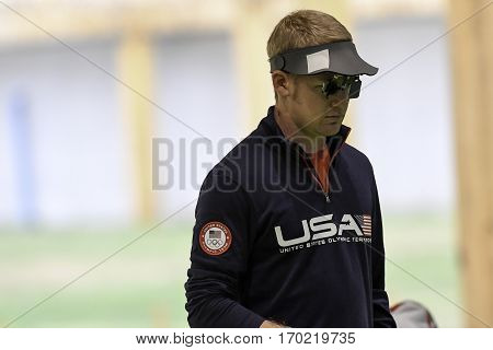 Rio Brazil - august 10 2016: BROWN Will (USA) during shooting 50m Pistol Men Shooting at Olympic Games 2016 in Olympic Shooting Centre Deodoro
