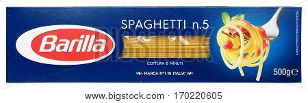 MOSCOW RUSSIA - FEBRUARY 1 2017: top view of Barilla Spaghetti n.5 italian pasta isolated on white background with clipping path. Barilla is an Italian food company