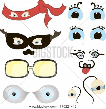 Comic Eyes Set, Illustration of a set of funny cartoon human, animals, pets or creature's eyes with various expressions and emotions, from fear to joy, happiness, sadness, surprise, boring and angry