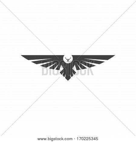 Eagle logo, silhouette predator hawk bird wide wingspan floating in the air, flying animal tattoo emblem mockup