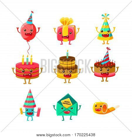 Happy Birthday And Celebration Party Symbols Cartoon Characters Set, Including Birthday Cake, Party Hat, Balloon, Party Horn And Fireworks. Colorful Humanized Birthday Party Associated Elements With Arms And Legs.