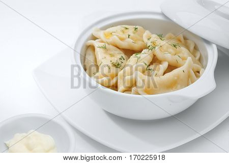 close up view of nice delicious ravioli on white back