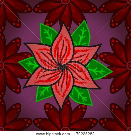 Seamless Pattern With Red Grdient Petals Flowers On Violet Background. Vector Illustration. Radial G